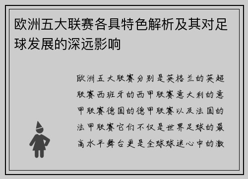 欧洲五大联赛各具特色解析及其对足球发展的深远影响